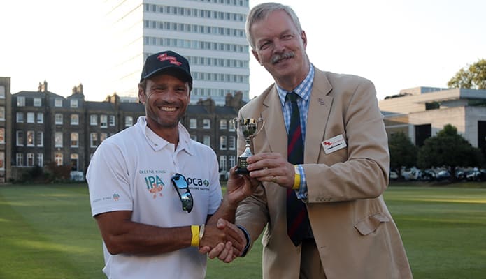 Mark Ramprakash collects the City Invitational Cup after beating the City Select XI - photo credit: Hugo Philpot