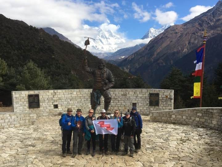 The charity team at the Tenzing Norgay memorial. Dated 09 Nov 17. From left to right: Peter Davies, Jason Gill, Bev Garside, Gareth McCarthy, Tiffany Holt, Andrew Aahern and Glyn Davies.