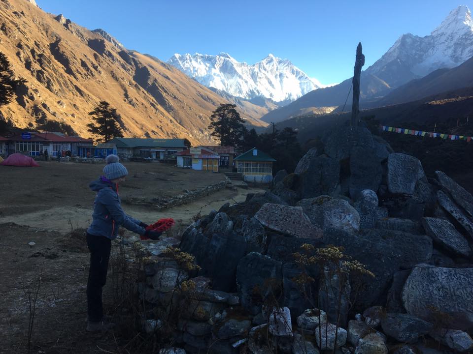 LCpl Tiffany Holt of 14 Signal Regiment in Haverfordwest laying a wreath at the Tengboche Monastery in the shadow of Everest. Dated 11 Nov 17. 