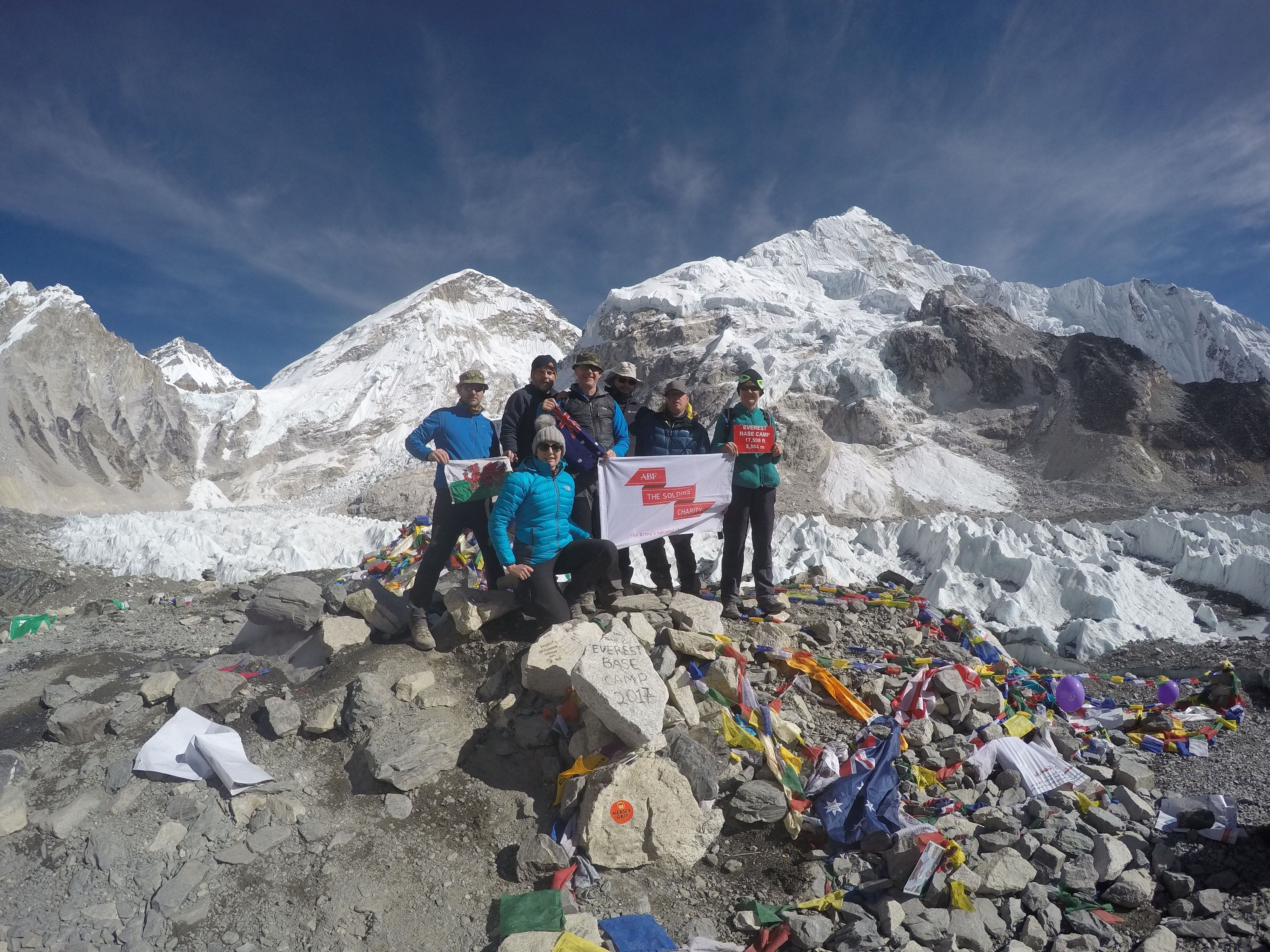 The team reaching Everest Base Camp. Dated 15 Nov 17. From left to right: Peter Davies, Glyn Davies, Jason Gill, Gareth McCarthy, Andrew Aahern, Bev Garside and Tiffany Holt (Front)